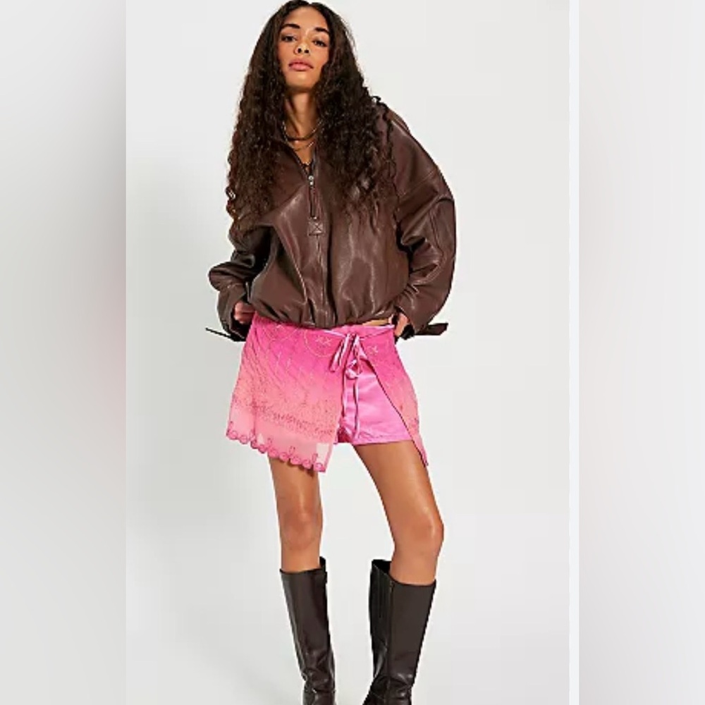 Pink Embroidered Mini Wrap Skirt - Picture 2 of 6